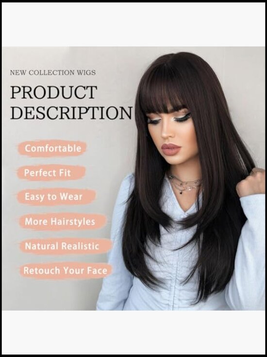Long Straight Wig with Bangs Heat Resistant Synthetic Layered Party Cosplay Hair main image 4